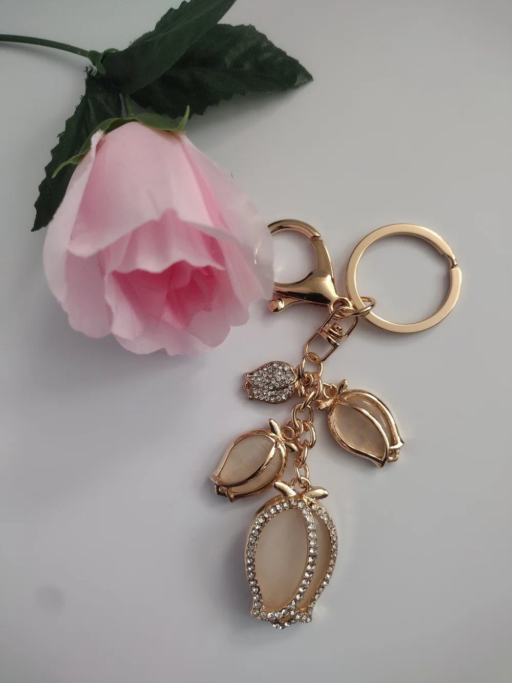 Gold Crystal Leaf Charm Keychain - Pink Accents